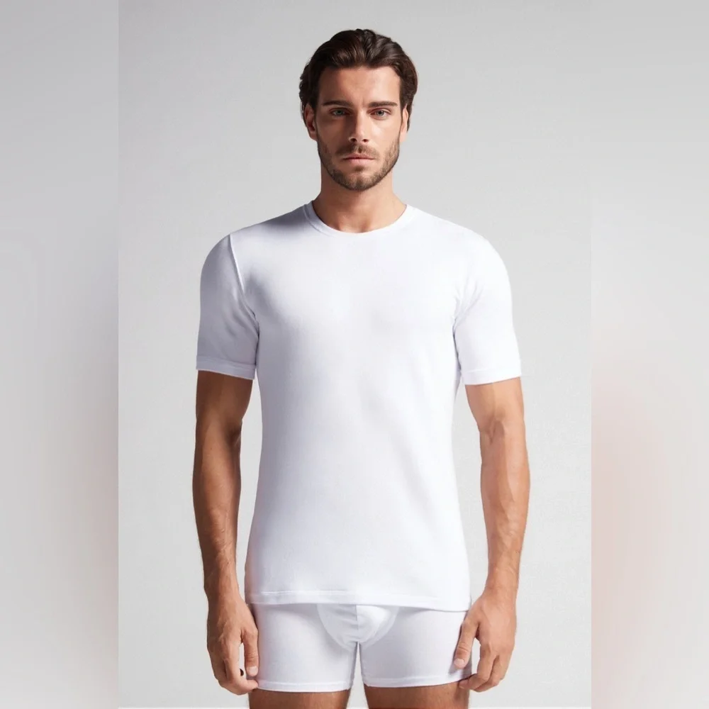 IUMAN Intimissimi Men’s Short-Sleeve Modal-Cashmere Top White Base Layer